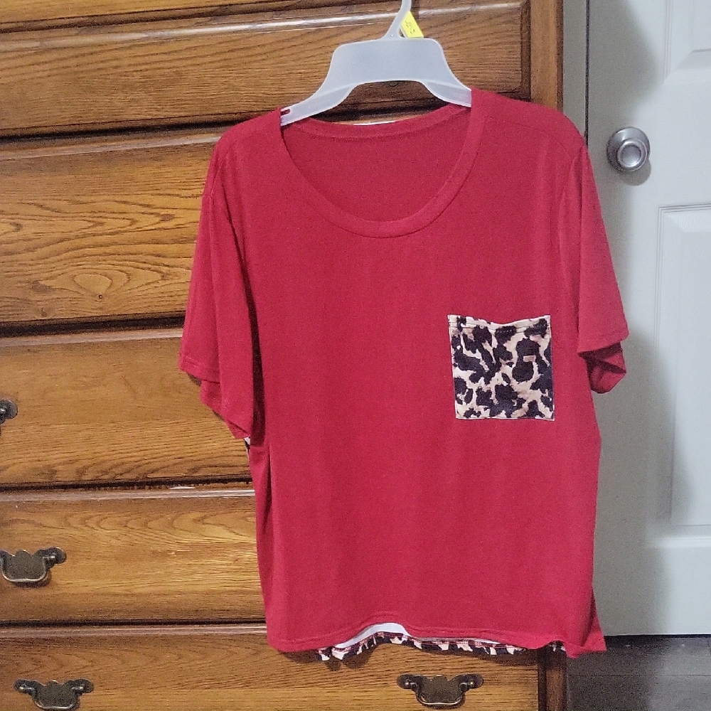 Red Pocket Tee with Leopard Accent
